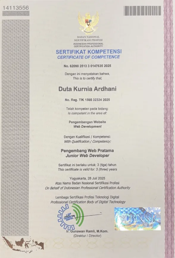 BNSP Junior Web Developer Certificate