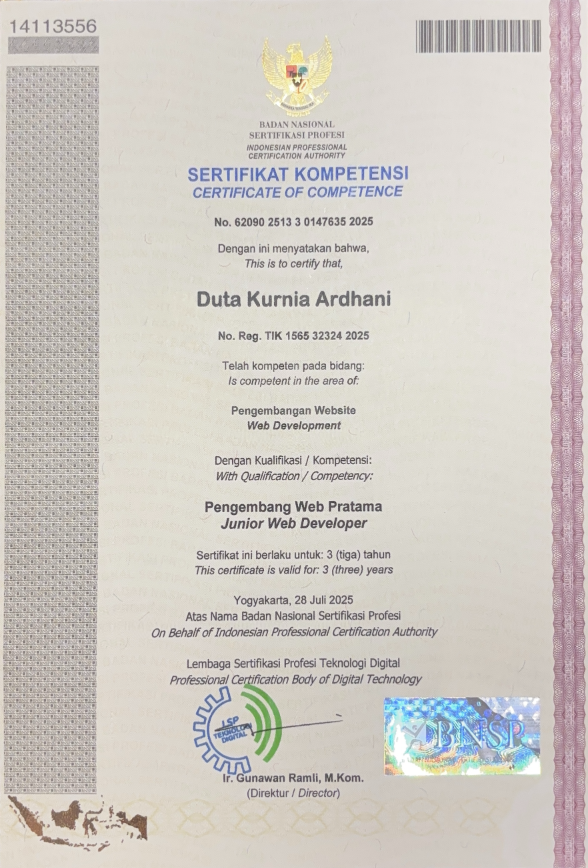 BNSP Junior Web Developer Certificate
